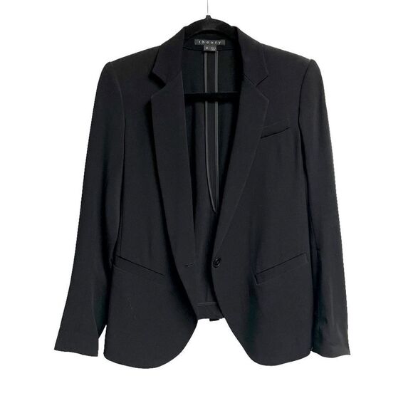 𝅺THEORY Black Wool Silk Spandex Single Button Front Long Sleeve Blazer 0 - Picture 1 of 7